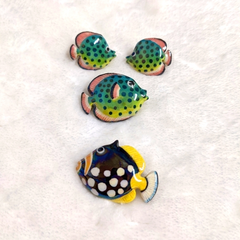 Vintage 80's Artisan Made Glazed Ceramic Fish Earrings And Brooches